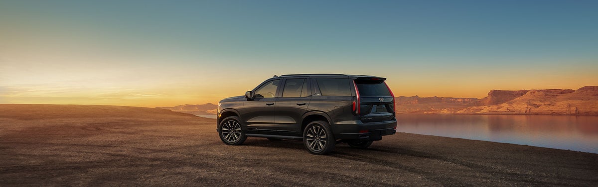 Rear-side view of black 2024 Cadillac